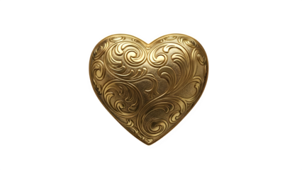 Ornate golden heart detailed metalwork on a symbolic shape against black background