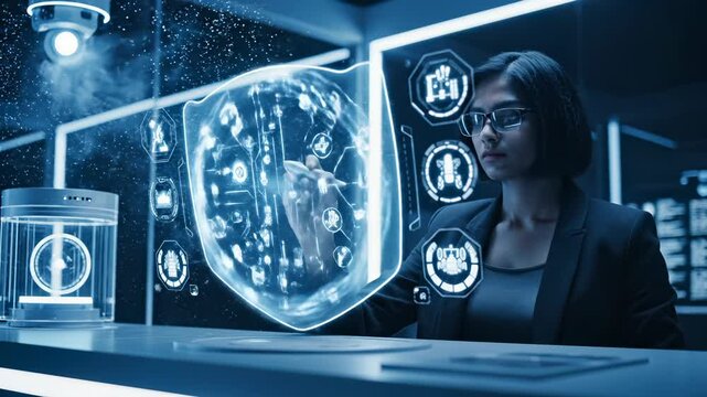 Woman uses holographic interface in lab. Engineer works on futuristic technology. Woman interacts with holographic shield display using stylus. Engineer analyzes data on futuristic screen. Technology.