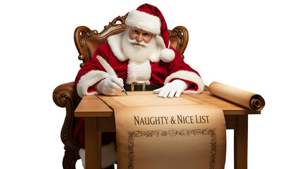 Santa claus reviewing his naughty and nice list in preparation for christmas eve