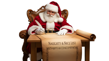 Santa claus reviewing his naughty and nice list in preparation for christmas eve