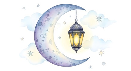 Ramadan Kareem Lantern with Crescent Moon, Clouds and Stars Watercolor Style, Islamic Holiday Festive Card Background Generous Ramadan Mubarak