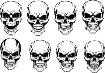 Angry Skull Head Vector Illustration Set: Detailed Human Skeleton Face, Evil Grimace, Aggressive Death Symbol, and Vintage Tattoo Style Graphics