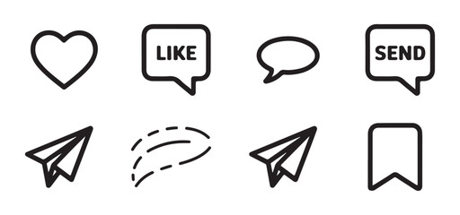 Collection of social media icons including heart, 'like', 'send' message bubbles, paper plane