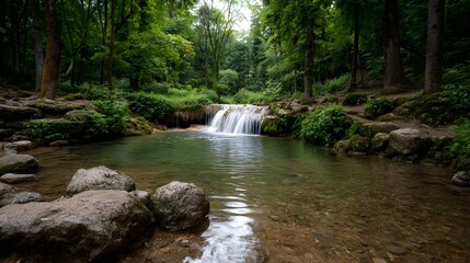 Obraz premium A beautiful natural waterfall cascades into a clear tranquil pool surrounded by lush green forest and large rocks