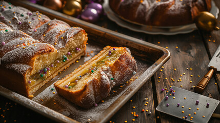 Braided king cake with sprinkles on baking tray