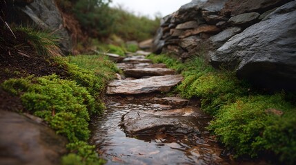 A wet stone pathway winds through lush green moss and vegetation with a stream flowing alongside
