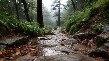 Obraz premium A wet stone paved forest trail winds through a misty green woodland with fallen leaves