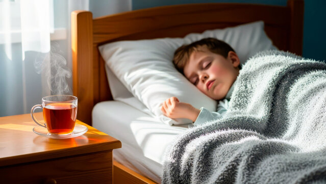 tea beside sick child resting in bed at home. Family care, illness comfort and domestic lifestyle theme