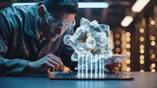 Engineer examines a hologram projection. This hologram rises from a circuit board. The engineer uses a tablet for this scientific research. This research represents future nanotechnology.
