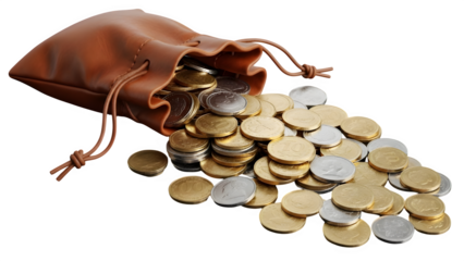 Overflowing pouch of gold and silver coins on a black background treasure concept