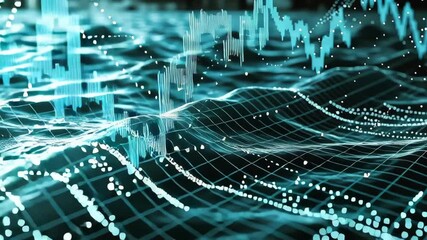 Digital data visualization with dynamic blue waves and glowing dots representing financial market analytics, creating futuristic ocean of information flow and technology trends in motion - Powered by Adobe