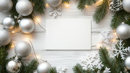 Festive Christmas and New Year background featuring a blank white card surrounded by silver ornaments, green fir branches, white snowflakes, and glowing string lights on a rustic white wooden surface.