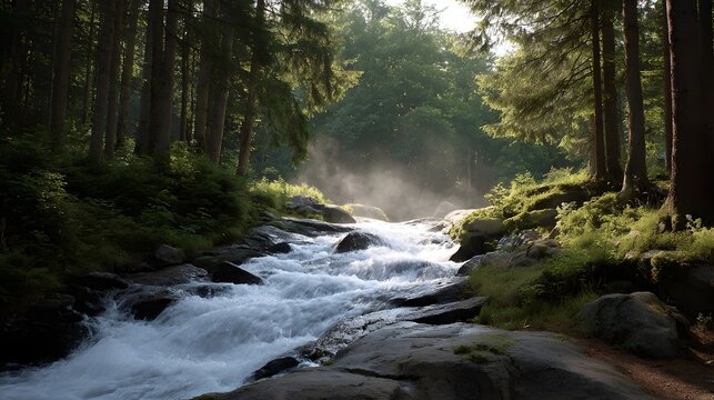A scenic forest stream cascades over rocks with sunlight and mist rising at golden hour - Powered by Adobe