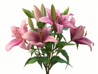 Naklejka premium A vibrant bouquet of pink lilies with closed buds and lush green leaves against white