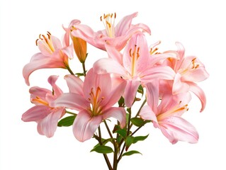 Fototapeta premium Bunch of soft pink lilies with vibrant yellow centers and green stems against white
