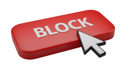 Red block button with white text and cursor on a black background