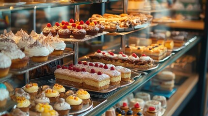 Fototapeta premium A wide assortment of delicious baked goods, including decorated cupcakes, layered cakes with fruit toppings, and various pastries, showcased in a glass display case at a modern bakery or cafe.