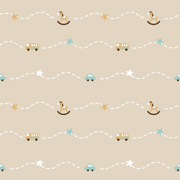 seamless minimal baby toy rocking horse car and bus repeat pattern background, flat vector illustration graphic design