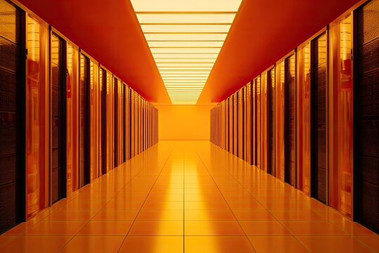 Gleaming corridor of server racks with orange and yellow tones, illuminated by ceiling lights