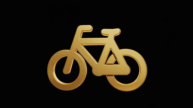 Golden bicycle icon with rounded frame and wheels on black background, sleek and stylized.