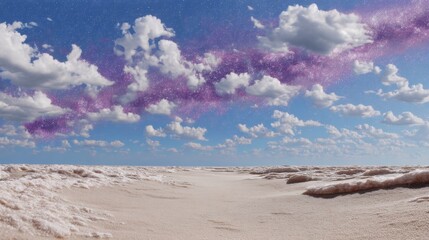 Dreamy Desert Landscape Under Cosmic Sky with Colorful Clouds