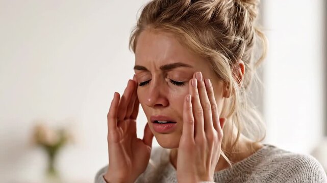 Woman Experiencing Emotional Distress Manifesting Physiological Symptoms of Sadness and Headache
