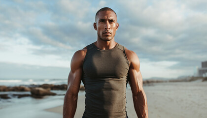 Powerful and confident Black male athlete standing on a sandy beach under a dramatic sky, perfect for a fitness or lifestyle product mockup symbolizing strength and determination