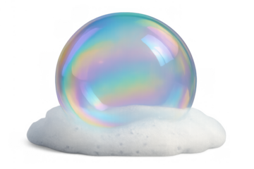 Iridescent soap bubble hovering on suds, reflecting rainbow colors with a transparent background for cleanliness concepts