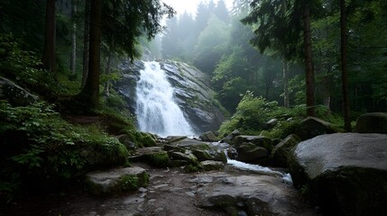 Obraz premium Serene waterfall cascading through a lush misty forest with moss covered rocks and a dirt path