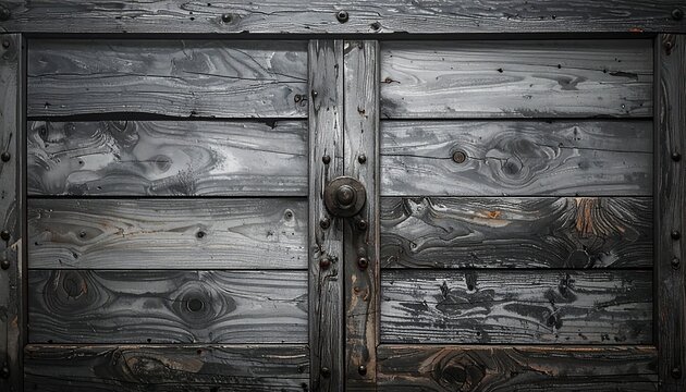 Close-up of weathered wooden doors, horizontally planked, with a central knob and metal studs. Dark, muted tones - Powered by Adobe