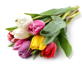 Obraz premium A vibrant bouquet of tulips in various colors, lying against a white background