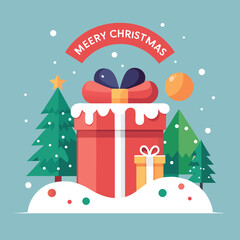 Festive flat design christmas scene featuring a prominent large red gift box surrounded by gently snowing trees in a charming winter landscape illustration