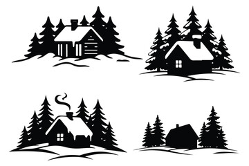 Four black silhouette winter cabin and pine tree scenes