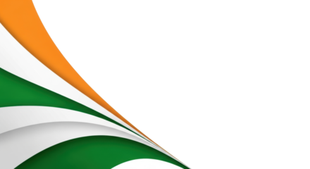 Three saffron orange, white, and deep green gracefully curved stripes expanding diagonally against a transparent copy space, abstract graphic design, 16:9 aspect ratio, concept of national