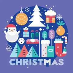 Whimsical christmas celebration with a joyful snowman surrounded by gifts trees ornaments and festive decorations on a vibrant purple background