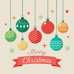 Minimal merry christmas banner design featuring a single hanging ornament with festive red and green colors and classic helvetica and courier fonts