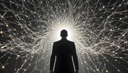 Visionary businessman steps toward brilliant convergence of digital data streams representing future innovation and complex global connectivity