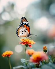 Obraz premium Butterfly's Delicate Dance: A vibrant butterfly, with intricately patterned wings, gently alights on a sun-kissed flower, showcasing nature's exquisite details and the serenity of the outdoors.