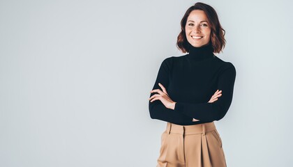 Portrait of smiling female project manager standing with arms crossed on bright background. Concept for leadership training, business promotion and career development