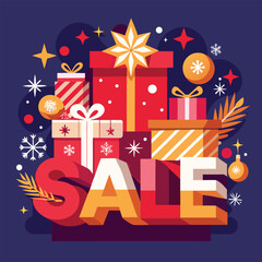 Festive christmas sale announcement featuring stacked gift boxes and sparkling decorations promoting holiday shopping opportunities
