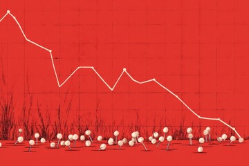 Red chart with downward trend line, scattered pins, and grass texture
