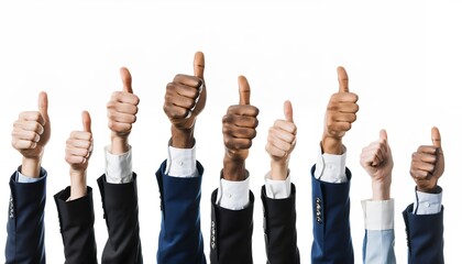 Multiracial diverse arms of business team show thumbs up on white backdrop. Concept for business success, employee appreciation and agreement