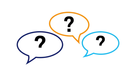 Three stylized speech bubbles, dark blue, orange, light blue outlines, white interiors, bold black question marks on a transparent background with soft shadows and copy space, concept of