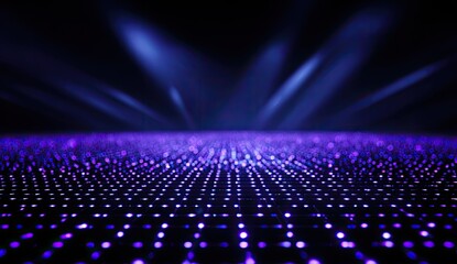 Abstract digital grid of purple lights with bright blue beams from above