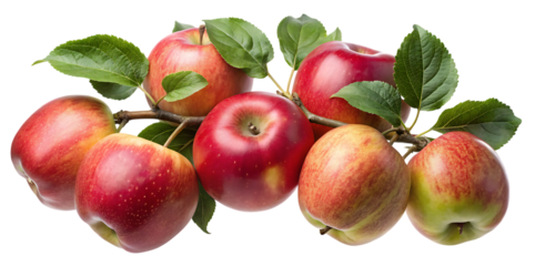 A branch laden with a cluster of vibrant red apples and fresh green leaves on a black background on transparent background