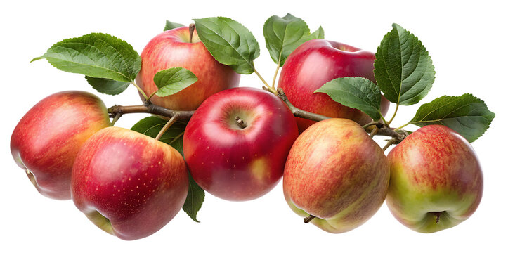 A branch laden with a cluster of vibrant red apples and fresh green leaves on a black background on transparent background