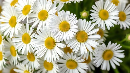 Fototapeta premium Cluster of fresh daisies with white petals and yellow centers in soft directional light.