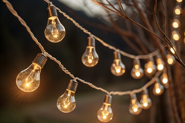 Warm glowing edison bulb string lights draped across bare branches creating a cozy and inviting atmosphere for outdoor evening ambiance and rustic decoration