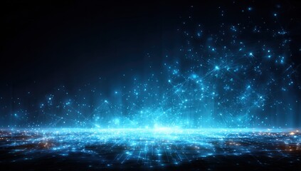 Obraz premium Abstract digital network with glowing blue lights, rising from a landscape