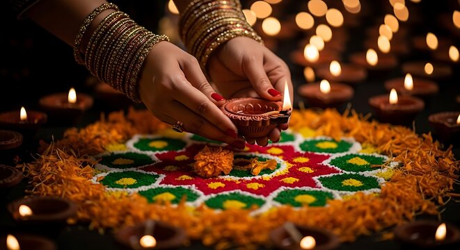 Festival of Lights: Close-up of Woman in Bangles Placing a Deepa Diya on a Vibrant Rangoli Floor Design During Indian Deepavali Celebration Indoors